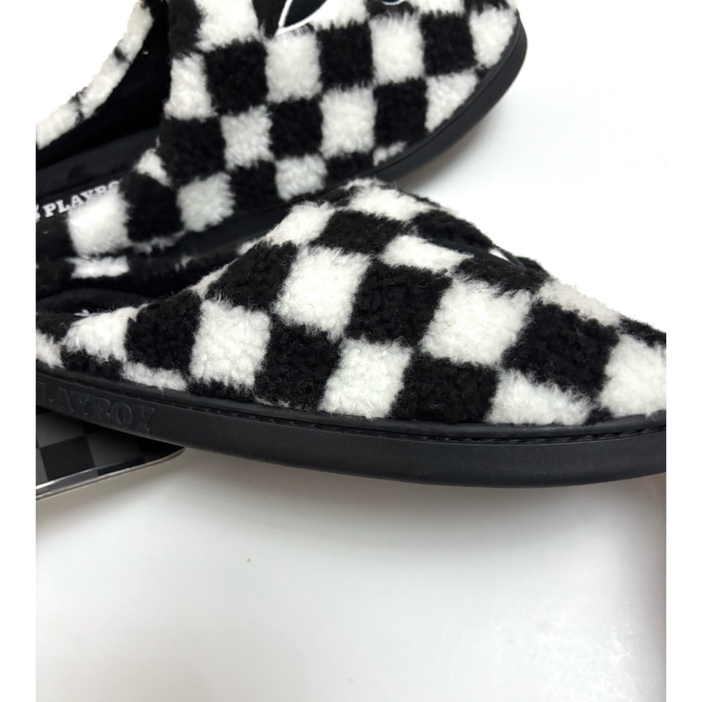 PLAYBOY MENS FUZZY SLIP ON SLIPPERS XL 13/14 CHECKERED MEMORY FOAM PREPPY DAPPER - Picture 4 of 8